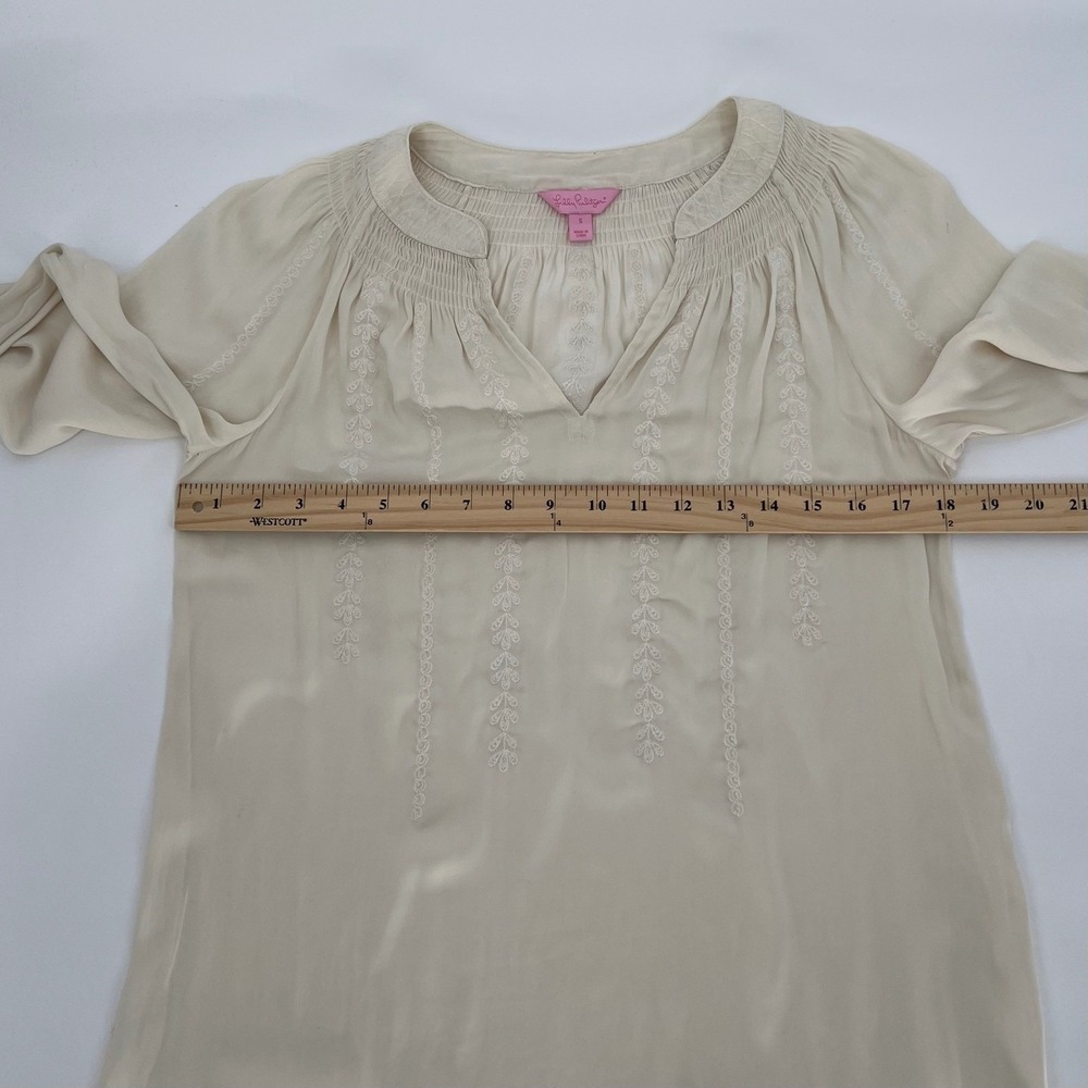 Lilly Pulitzer Women Embroidered Smocked Boho Peasant Blouse Size S Cream Resort - Picture 11 of 13